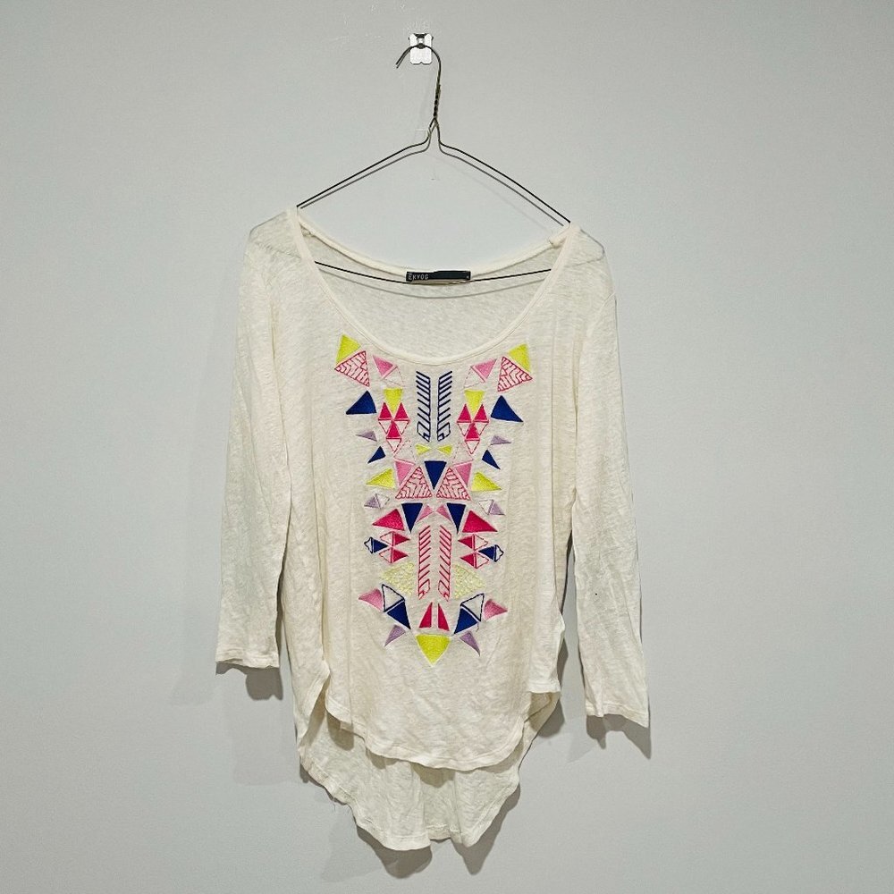 EKYOG Women's White Colorful Print Linen Top Size M